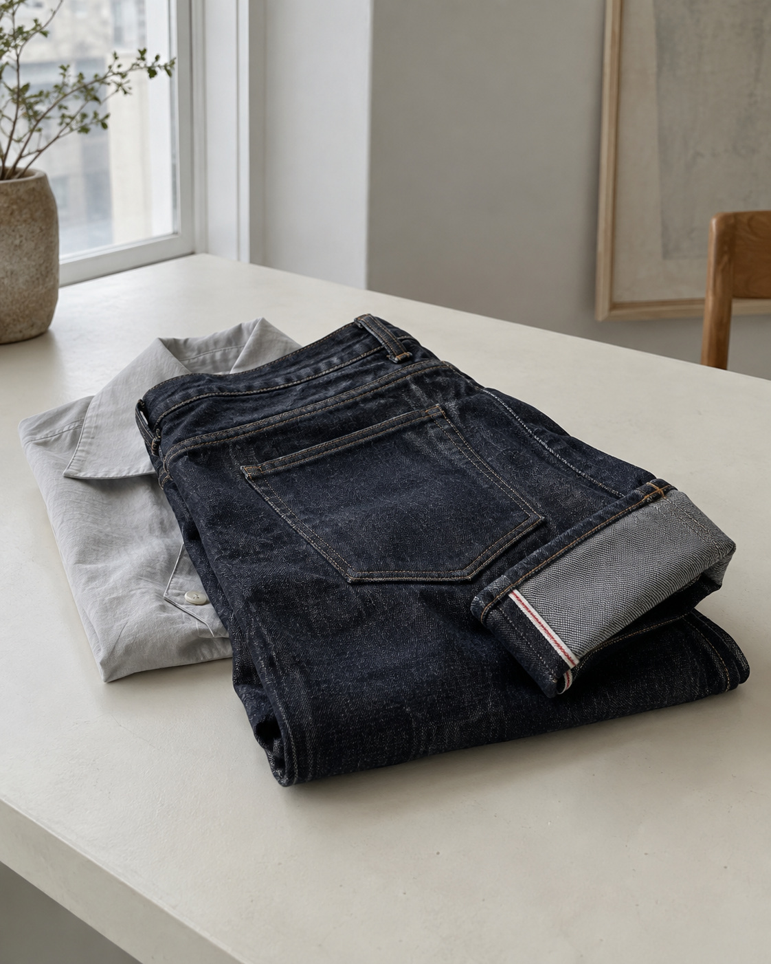 Folded dark indigo selvedge jeans on a pale table in soft natural light